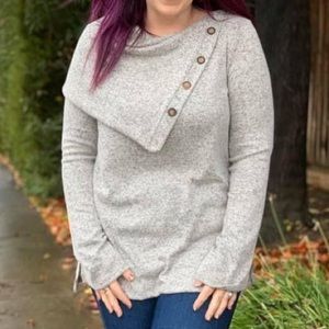 Cozy sweater with button accents perfect for fall, heathered gray, medium